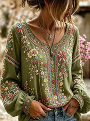 Damen-Top aus Baumwolle-Leinen im Vintage-Look mit floraler Kunstprint-Optik