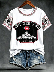 Frauen Weißes Schweizer National feiertag Patchwork Print Casual T-Shirt