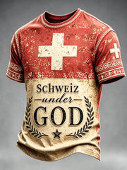 Herren Vintage Schweizer Flagge National Day Print Casual T-Shirt