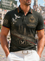 Herren-Poloshirt mit kurzen Ärmeln und Gedenkdruck zum Friedensfestival