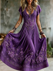 Damen-elegantes, fließendes Maxikleid mit bohemianem violetten Blumenmuster
