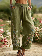 Elegante Damen-Hose aus Baumwolle und Leinen mit Blumenmuster