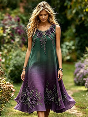 Damen-elegantes, fließendes Maxikleid mit bohemianem Farbverlauf und lila Rosenmuster