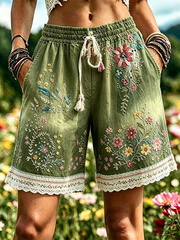 Elegante florale Shorts aus Baumwolle und Leinen für Damen