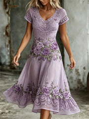 Damen-elegantes, lila geblümtes Boho-Spitzen-Print-Schiffchen-Maxikleid
