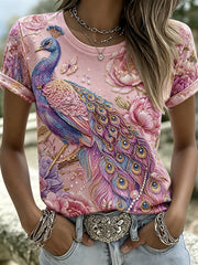 Damen-T-Shirt aus Baumwolle und Leinen mit floralem Muster