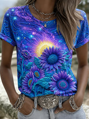 Frauen-Baumwoll-und Leinen-Stil Blumen druck T-Shirt