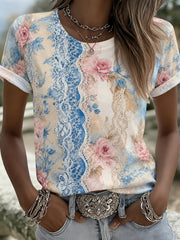Damen-T-Shirt aus Baumwolle und Leinen mit floralem Muster