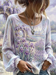 Damen-Hemd aus Baumwoll-Leinen mit leichtem lila Blumen-Art-Print