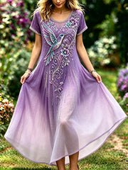 Damen-Elegantes, fließendes Maxikleid mit Kolibri- und violettem Blumenprint in Farbverlauf
