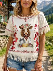 Damen-T-Shirt im österreichischen Landhausstil mit Kunstdruck und Quasten