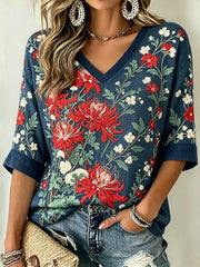 Damen-Retro-T-Shirt aus Leinen mit japanischem Kunst- und Blumenmuster, kurzärmelig