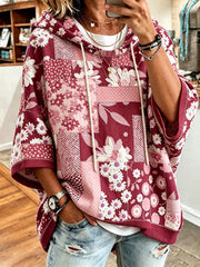 Rosa Retro-Kapuzenpullover für Damen mit Blumenmuster, lässig geschnitten