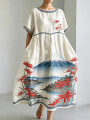 Damen Retro japanische Kunst Landschafts muster bedrucktes Kurzarm kleid