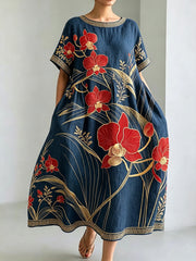 Damenkleid mit kurzem Ärmel, bedruckt mit einem Retro-Landschaftsmotiv im japanischen Stil
