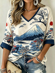 Frauen Retro-Kurzarm-T-Shirt mit japanischem Kunst muster bedrucktes Leinen
