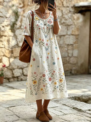 Elegantes Damenkleid aus Baumwolle und Leinen mit Blumenmuster