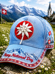 Blauer Freizeithut mit Blumenmuster zum Schweizer Nationalfeiertag
