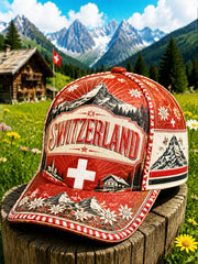 Retro-roter Freizeithut mit Schweizer Fahne, Nationaltag-Quilt-Print