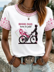 Damenweißes Freizeit-T-Shirt mit Brustkrebs-Print zum Radfahren