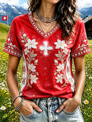 Rotes, lässiges V-Ausschnitt-T-Shirt für Damen mit Blumenmuster zum Schweizer Nationalfeiertag