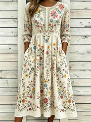 Damen Vintage nobles Maxi kleid mit Blumen druck aus bequemem Leinen