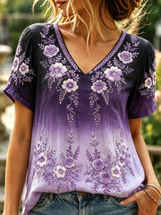 Kurzärmliges Damen T-Shirt mit Blumen druck aus Leinen