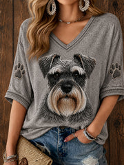 Damen niedliches Miniatur-Schnauzer-Kunst mittellange Ärmel mit V-Ausschnitt T-Shirt
