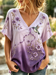 Kurzärmliges Kolibri-T-Shirt aus Leinen mit Blumenmuster für Damen