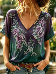 Damen Vintage Kolibri Kurzarm-T-Shirt mit Blumen druck Leinen