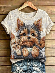 Damen-Adorables T-Shirt mit Hunde-Print im Vintage-Stil, locker geschnitten, kurze Ärmel