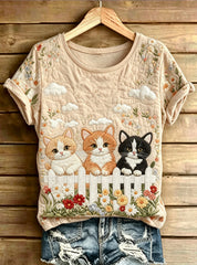 Damen entzückende Katze gedruckt Vintage Mode lose Kurzarm T-Shirt