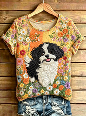 Damen-Adorables T-Shirt mit Hunde-Print im Vintage-Stil, locker geschnitten, kurze Ärmel