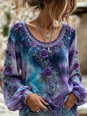 Damen-Elegantes Baumwoll-Leinen-Hemd mit violettem Blumenmuster und Rundhalsausschnitt