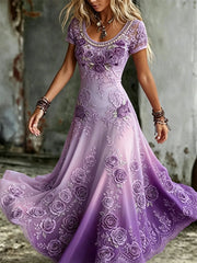Damen Edles lila Rosen Spitzen kunstdruck Flowy Maxi kleid