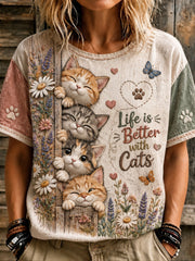 Damen-T-Shirt mit Katzenliebhaber-Print, lässig, kurzärmlig
