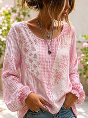 Damenhemd aus Baumwoll-Leinen mit pinkfarbenem Blumen-Patchwork-Design