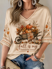 Damen Herbst ist meine Lieblings farbe Mittellänge Ärmel V-Ausschnitt T-Shirt