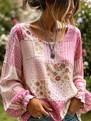 Damenhemd aus Baumwoll-Leinen mit pinkfarbenem Blumen-Patchwork-Design