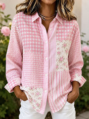 Damenhemd aus Baumwoll-Leinen mit pinkfarbenem Blumen-Patchwork-Design