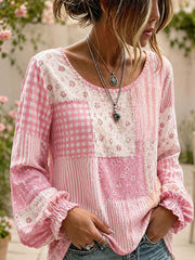 Damenhemd aus Baumwoll-Leinen mit pinkfarbenem Blumen-Patchwork-Design
