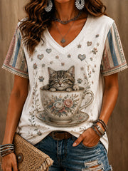 Damen-T-Shirt mit Katzenliebhaber-Print, lässig, kurzärmlig