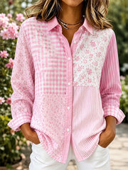 Damenhemd aus Baumwoll-Leinen mit pinkfarbenem Blumen-Patchwork-Design