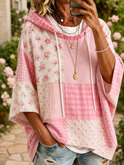 Damen-Kapuzenpullover in Rosa mit floralem Patchwork-Design