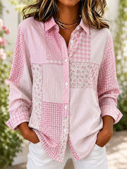 Damenhemd aus Baumwoll-Leinen mit pinkfarbenem Blumen-Patchwork-Design
