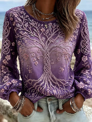 Damen-Top aus Baumwolle-Leinen im Vintage-Look mit floraler Kunstprint-Optik