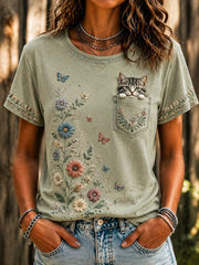 Damen-T-Shirt mit Katzenliebhaber-Print, lässig, kurzärmlig