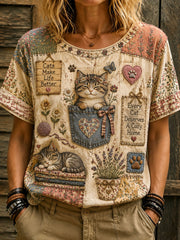 Damen-T-Shirt mit Katzenliebhaber-Print, lässig, kurzärmlig