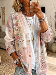 Damen-Strickjacke mit Blumenmuster zum Thema Brustkrebsprävention, lässiger Stil