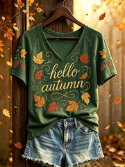 Frauen-Herbst-T-Shirt mit Muster, lässig, kurzärmelig und bedruckt